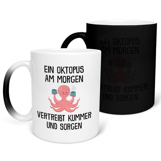 22Feels® Zaubertasse mit Oktopus Tiermotiv - Büro Geschenkidee - Spruch: Kummer und Sorgen (Matt-Schwarz und Weiss, 320ml)-Farbwechsel Tasse Matt 320ml-22Feels