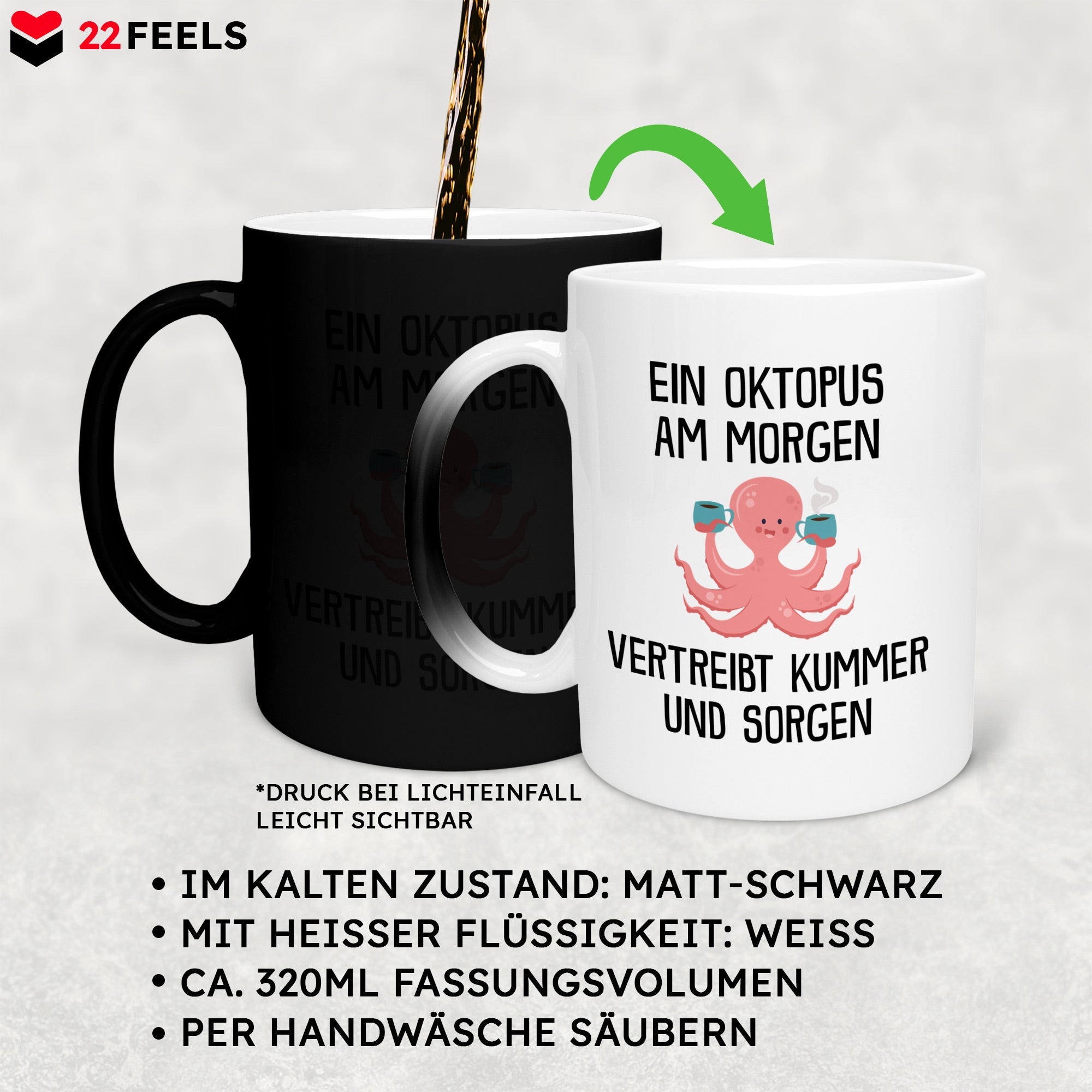 22Feels® Zaubertasse mit Oktopus Tiermotiv - Büro Geschenkidee - Spruch: Kummer und Sorgen (Matt-Schwarz und Weiss, 320ml)-Farbwechsel Tasse Matt 320ml-22Feels