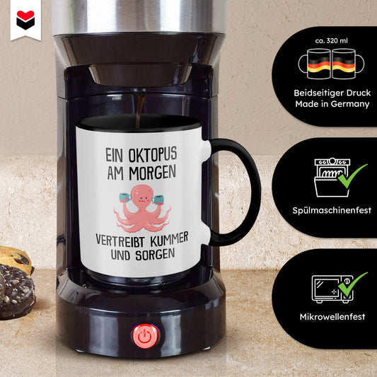 22Feels® Tasse mit Oktopus Tiermotiv - Büro Geschenkidee - Spruch: Kummer und Sorgen (Weiss-Schwarz, 320ml)-TwoTone Tasse Weiss-Schwarz 320ml-22Feels