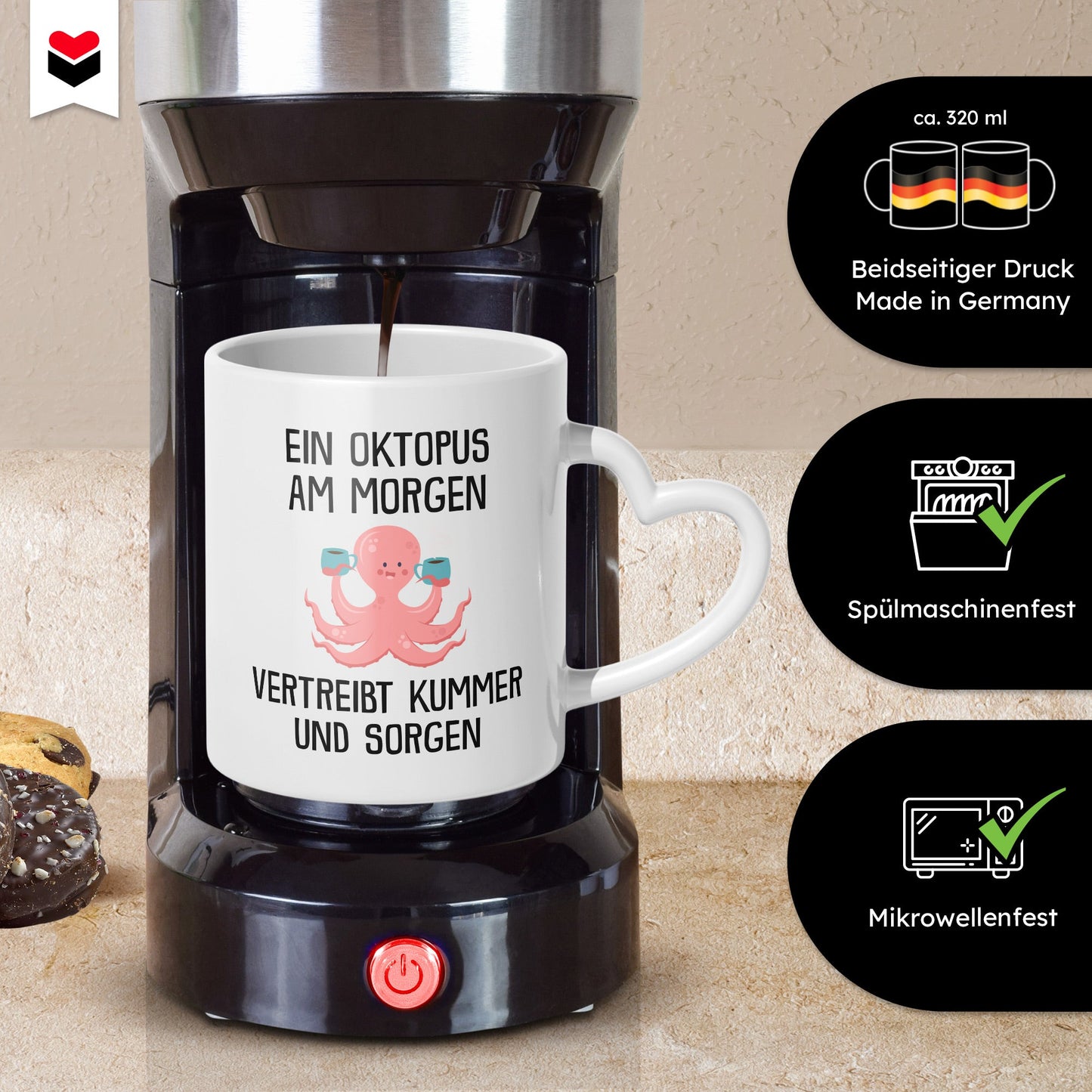 22Feels® Tasse mit Oktopus Tiermotiv - Büro Geschenkidee - Spruch: Kummer und Sorgen (Herzhenkel, Weiss, 320ml)-Tasse Weiss Herzhenkel 320ml-22Feels