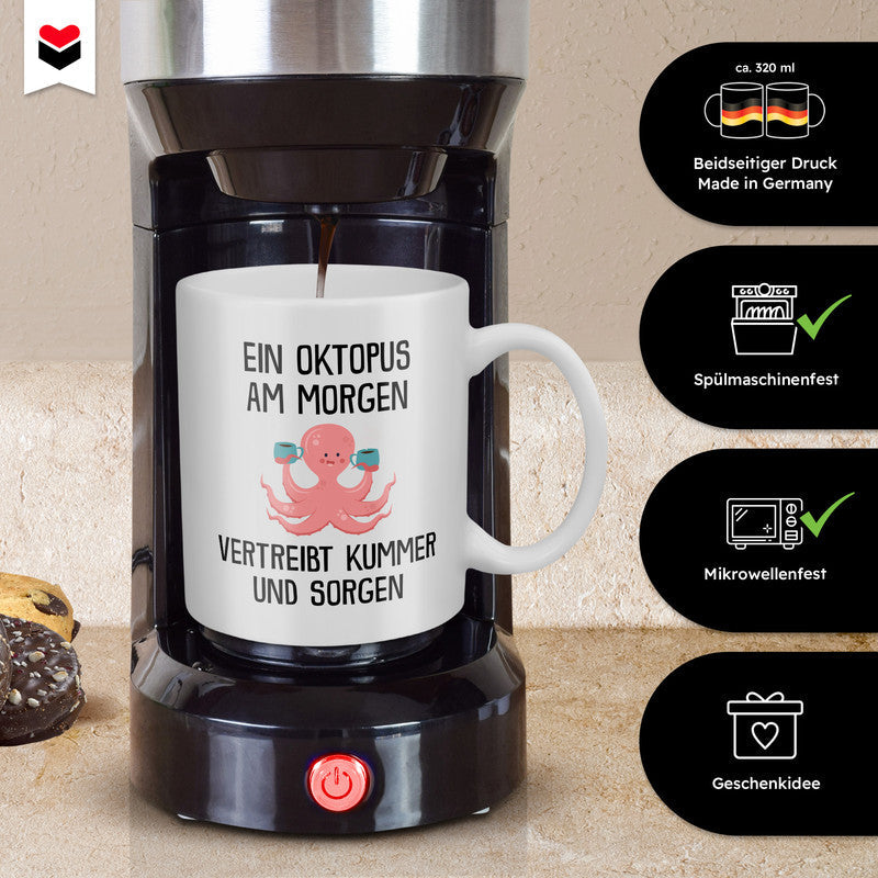 22Feels® Tasse mit Oktopus Tiermotiv - Büro Geschenkidee - Spruch: Kummer und Sorgen (Weiss, 320ml)-Weisse Tasse 320ml-22Feels