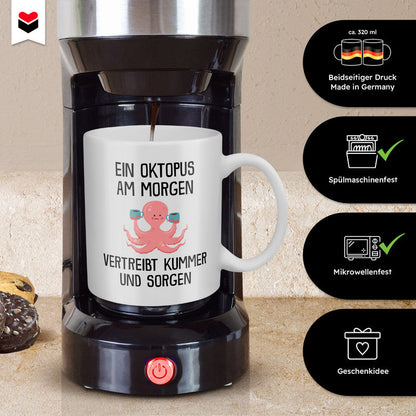 22Feels® Tasse mit Oktopus Tiermotiv - Büro Geschenkidee - Spruch: Kummer und Sorgen (Weiss, 320ml)-Weisse Tasse 320ml-22Feels