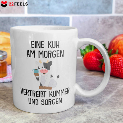 22Feels® Tasse mit Kuh Tiermotiv - Büro Geschenkidee - Spruch: Kummer und Sorgen (Weiss, 320ml)-Weisse Tasse 320ml-22Feels