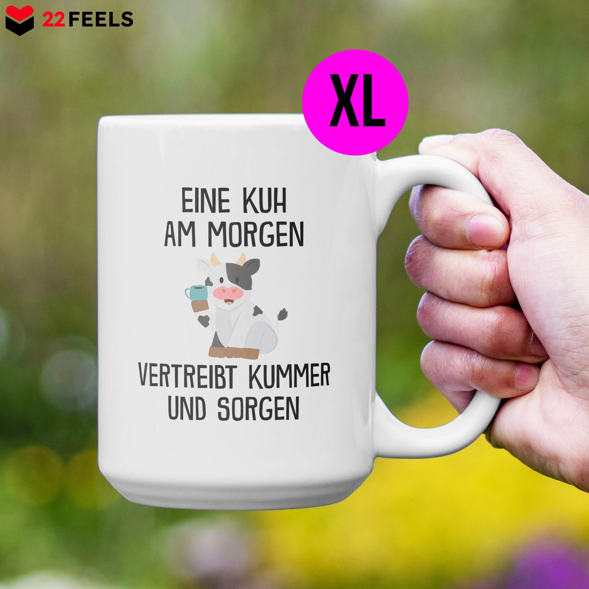 22Feels® XL Tasse mit Kuh Tiermotiv - Büro Geschenkidee - Spruch: Kummer und Sorgen (Weiss, 440ml)-Weisse XL Tasse 440ml-22Feels