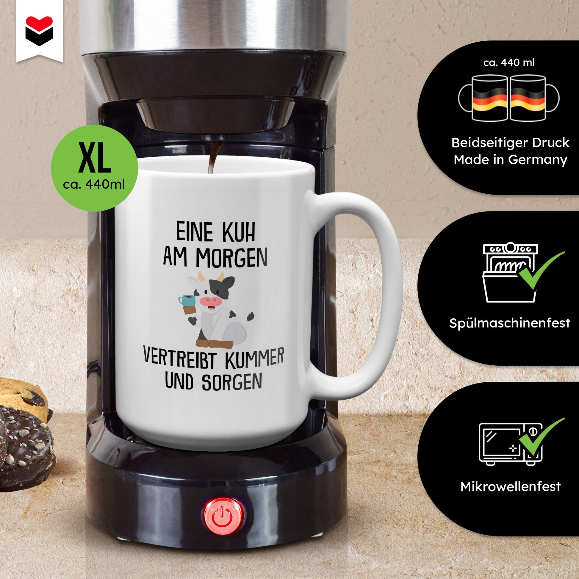 22Feels® XL Tasse mit Kuh Tiermotiv - Büro Geschenkidee - Spruch: Kummer und Sorgen (Weiss, 440ml)-Weisse XL Tasse 440ml-22Feels