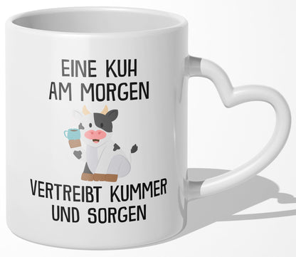 22Feels® Tasse mit Kuh Tiermotiv - Büro Geschenkidee - Spruch: Kummer und Sorgen (Herzhenkel, Weiss, 320ml)-Tasse Weiss Herzhenkel 320ml-22Feels