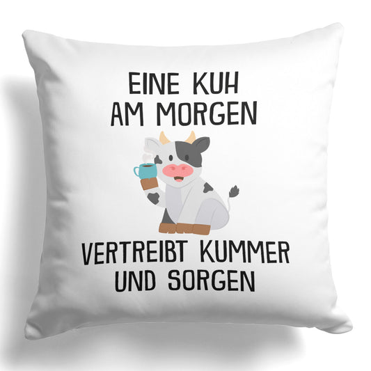 22Feels® Kissen mit Kuh Tiermotiv - Büro Geschenkidee - Spruch: Kummer und Sorgen (Weiss, 40x40cm)-Kissen Weiss 40x40-22Feels