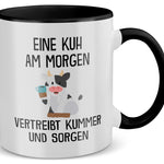 22Feels® Tasse mit Kuh Tiermotiv - Büro Geschenkidee - Spruch: Kummer und Sorgen (Weiss-Schwarz, 320ml)-TwoTone Tasse Weiss-Schwarz 320ml-22Feels