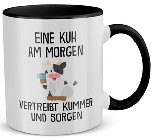 22Feels® Tasse mit Kuh Tiermotiv - Büro Geschenkidee - Spruch: Kummer und Sorgen (Weiss-Schwarz, 320ml)-TwoTone Tasse Weiss-Schwarz 320ml-22Feels