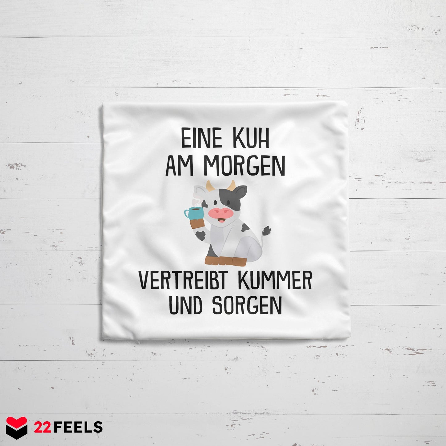 22Feels® Kissen mit Kuh Tiermotiv - Büro Geschenkidee - Spruch: Kummer und Sorgen (Weiss, 40x40cm)-Kissen Weiss 40x40-22Feels