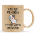 22Feels® Glitzertasse mit Kuh Tiermotiv - Büro Geschenkidee - Spruch: Kummer und Sorgen (Gold, 320ml)-Glitzertasse Gold 320ml-22Feels