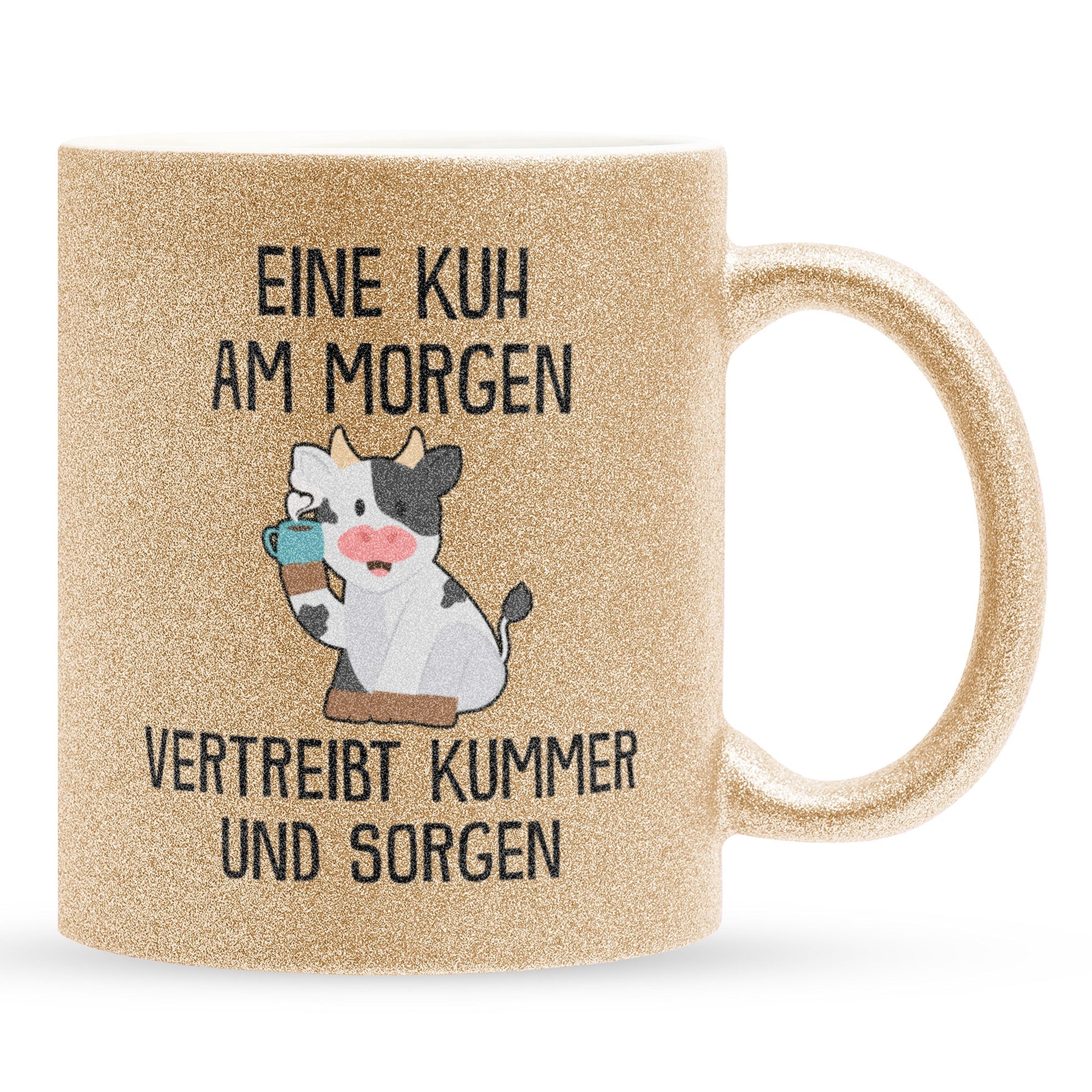 22Feels® Glitzertasse mit Kuh Tiermotiv - Büro Geschenkidee - Spruch: Kummer und Sorgen (Gold, 320ml)-Glitzertasse Gold 320ml-22Feels