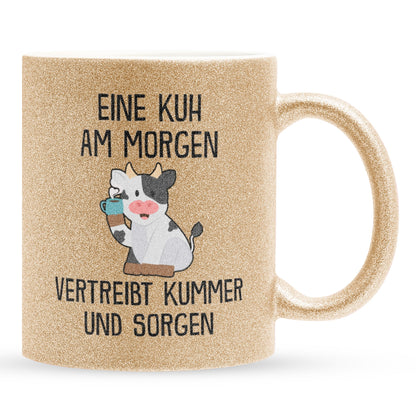 22Feels® Glitzertasse mit Kuh Tiermotiv - Büro Geschenkidee - Spruch: Kummer und Sorgen (Gold, 320ml)-Glitzertasse Gold 320ml-22Feels