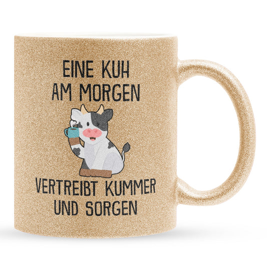 22Feels® Glitzertasse mit Kuh Tiermotiv - Büro Geschenkidee - Spruch: Kummer und Sorgen (Gold, 320ml)-Glitzertasse Gold 320ml-22Feels
