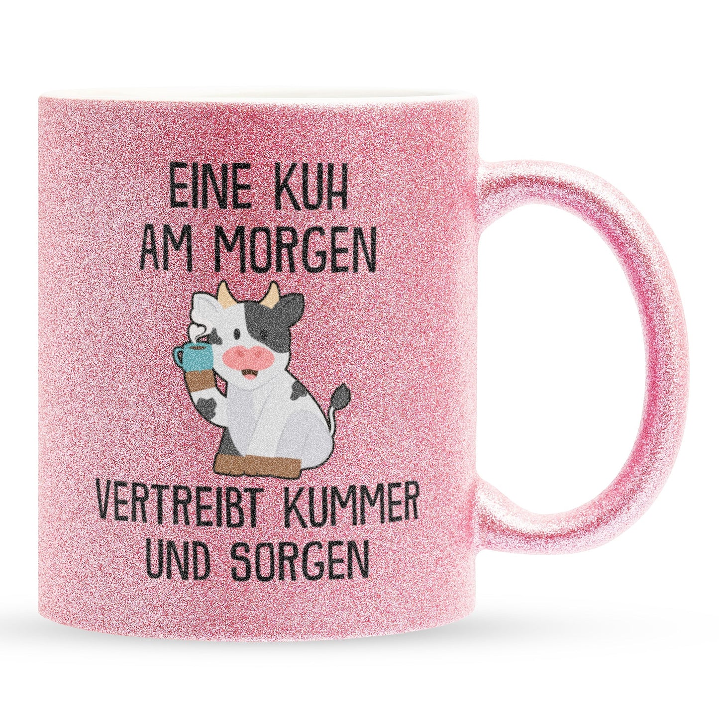 22Feels® Glitzertasse mit Kuh Tiermotiv - Büro Geschenkidee - Spruch: Kummer und Sorgen (Pink, 320ml)-Glitzertasse Pink 320ml-22Feels