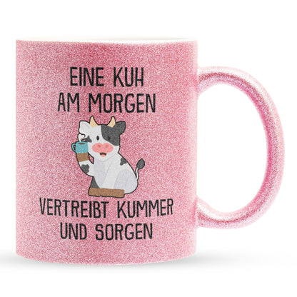 22Feels® Glitzertasse mit Kuh Tiermotiv - Büro Geschenkidee - Spruch: Kummer und Sorgen (Pink, 320ml)-Glitzertasse Pink 320ml-22Feels