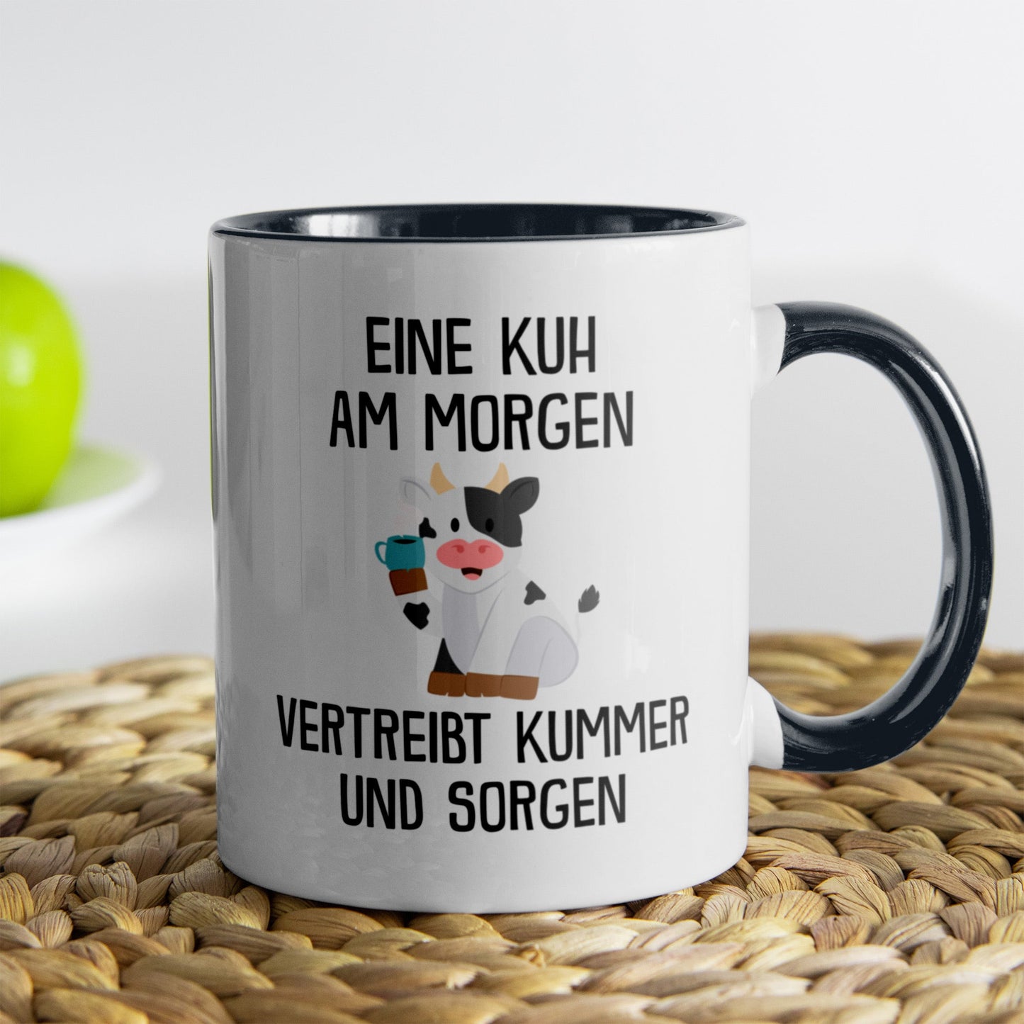 22Feels® Tasse mit Kuh Tiermotiv - Büro Geschenkidee - Spruch: Kummer und Sorgen (Weiss-Schwarz, 320ml)-TwoTone Tasse Weiss-Schwarz 320ml-22Feels