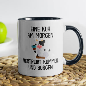 22Feels® Tasse mit Kuh Tiermotiv - Büro Geschenkidee - Spruch: Kummer und Sorgen (Weiss-Schwarz, 320ml)-TwoTone Tasse Weiss-Schwarz 320ml-22Feels