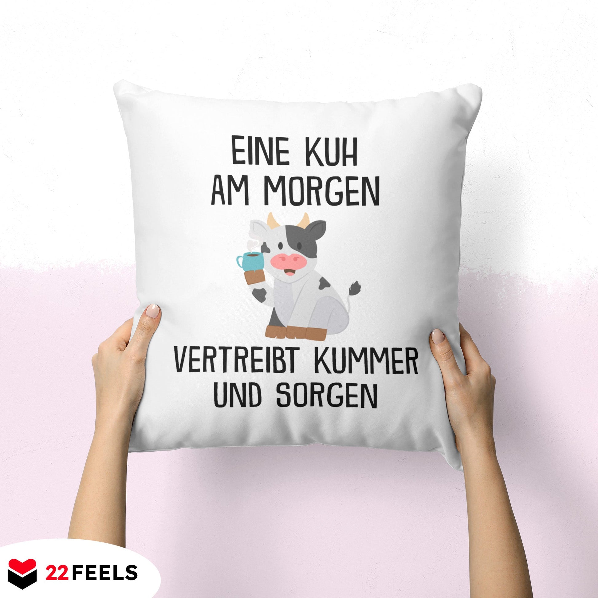 22Feels® Kissen mit Kuh Tiermotiv - Büro Geschenkidee - Spruch: Kummer und Sorgen (Weiss, 40x40cm)-Kissen Weiss 40x40-22Feels