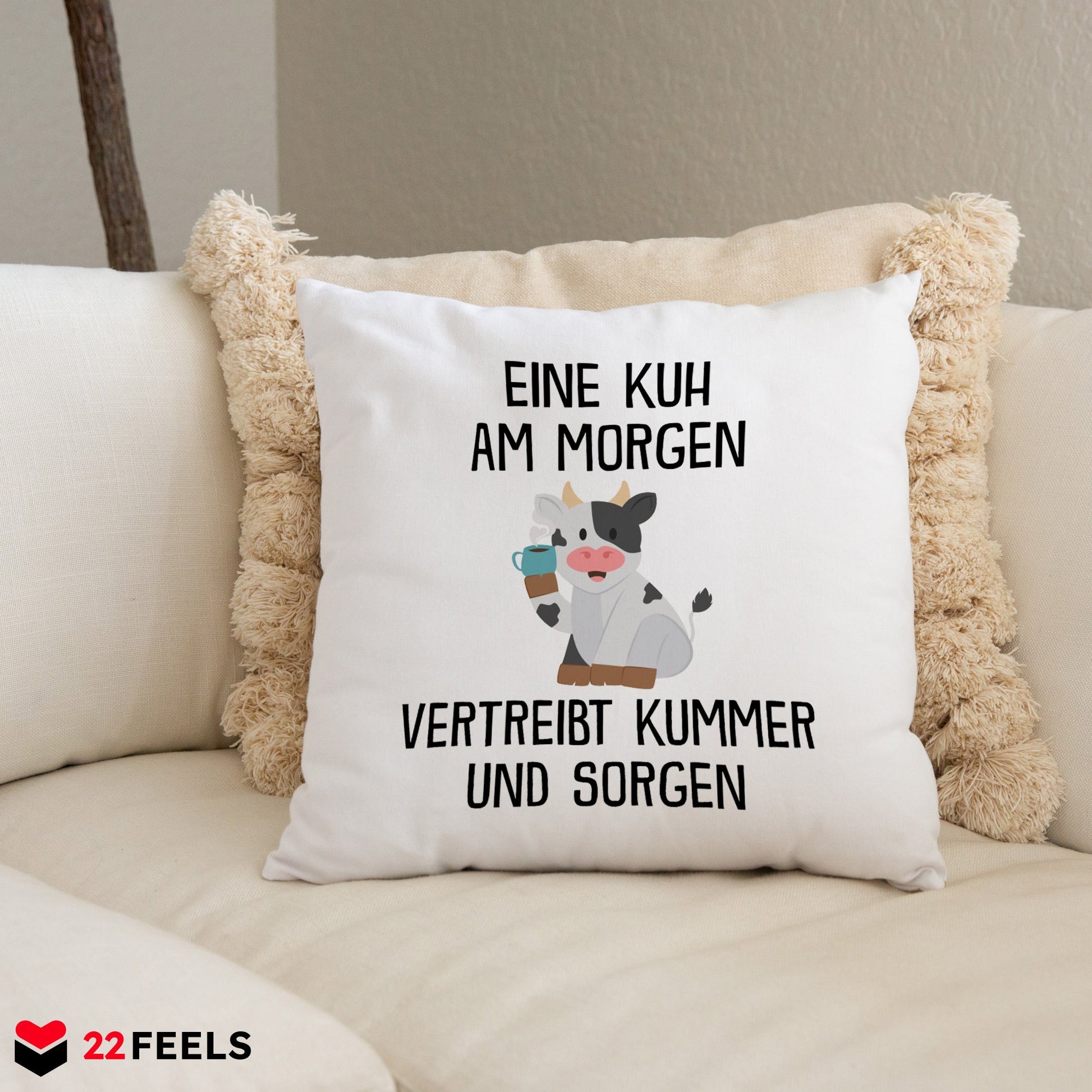 22Feels® Kissen mit Kuh Tiermotiv - Büro Geschenkidee - Spruch: Kummer und Sorgen (Weiss, 40x40cm)-Kissen Weiss 40x40-22Feels