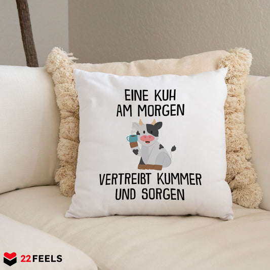 22Feels® Kissen mit Kuh Tiermotiv - Büro Geschenkidee - Spruch: Kummer und Sorgen (Weiss, 40x40cm)-Kissen Weiss 40x40-22Feels