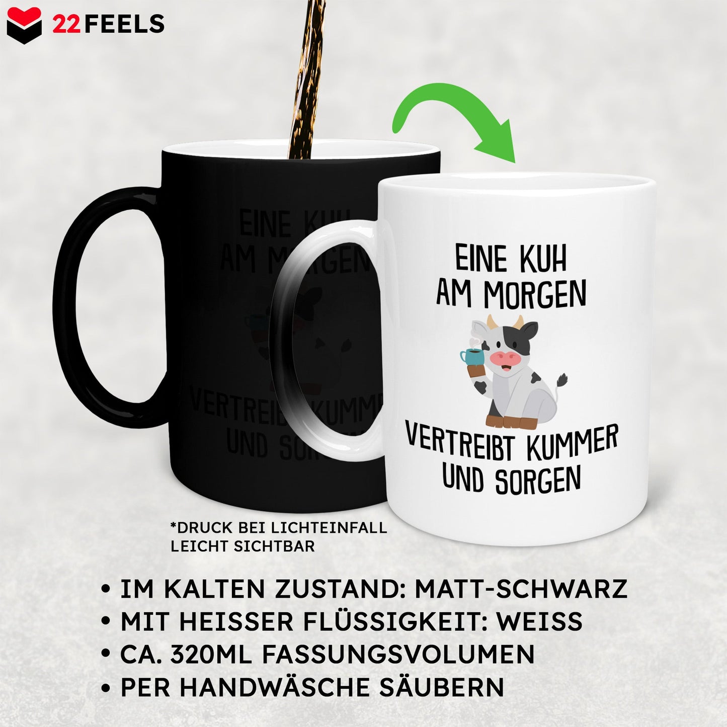 22Feels® Zaubertasse mit Kuh Tiermotiv - Büro Geschenkidee - Spruch: Kummer und Sorgen (Matt-Schwarz und Weiss, 320ml)-Farbwechsel Tasse Matt 320ml-22Feels