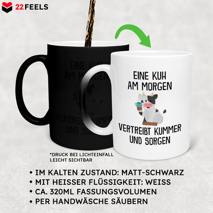 22Feels® Zaubertasse mit Kuh Tiermotiv - Büro Geschenkidee - Spruch: Kummer und Sorgen (Matt-Schwarz und Weiss, 320ml)-Farbwechsel Tasse Matt 320ml-22Feels