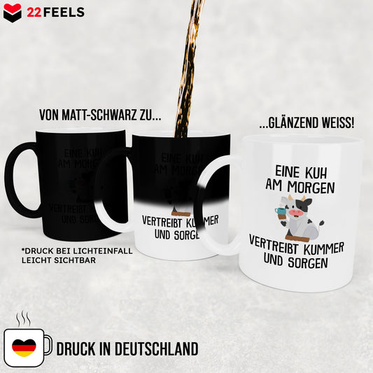 22Feels® Zaubertasse mit Kuh Tiermotiv - Büro Geschenkidee - Spruch: Kummer und Sorgen (Matt-Schwarz und Weiss, 320ml)-Farbwechsel Tasse Matt 320ml-22Feels