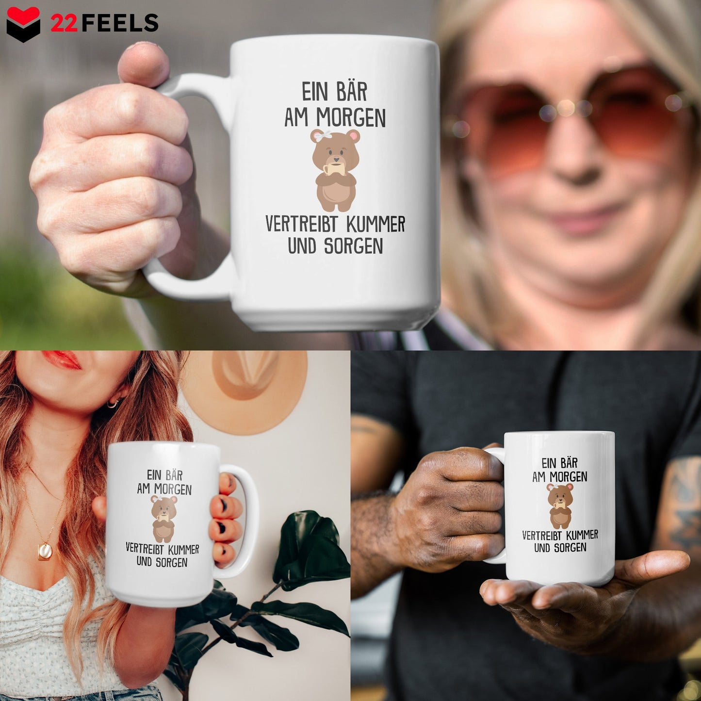 22Feels® XL Tasse mit Bär Tiermotiv - Büro Geschenkidee - Kummer und Sorgen Spruch (Weiss, 440ml)-Weisse XL Tasse 440ml-22Feels