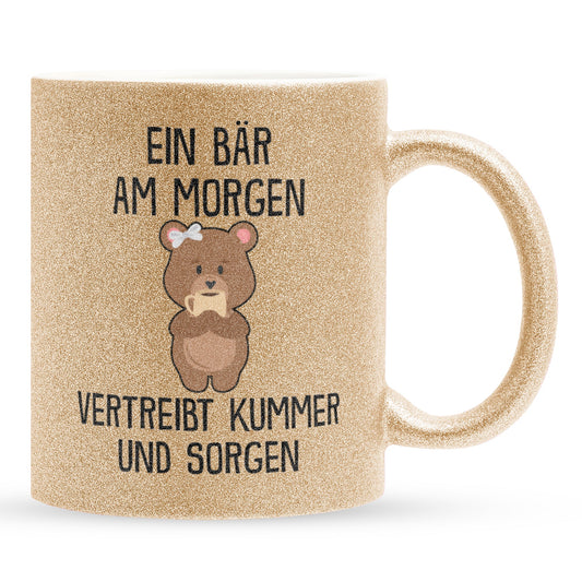 22Feels® Glitzertasse mit Bär Tiermotiv - Büro Geschenkidee - Kummer und Sorgen Spruch (Gold, 320ml)-Glitzertasse Gold 320ml-22Feels