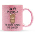22Feels® Glitzertasse mit Bär Tiermotiv - Büro Geschenkidee - Kummer und Sorgen Spruch (Pink, 320ml)-Glitzertasse Pink 320ml-22Feels