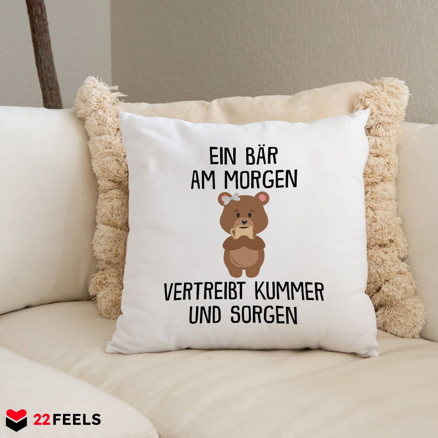 22Feels® Kissen mit Bär Tiermotiv - Büro Geschenkidee - Kummer und Sorgen Spruch (Weiss, 40x40cm)-Kissen Weiss 40x40-22Feels