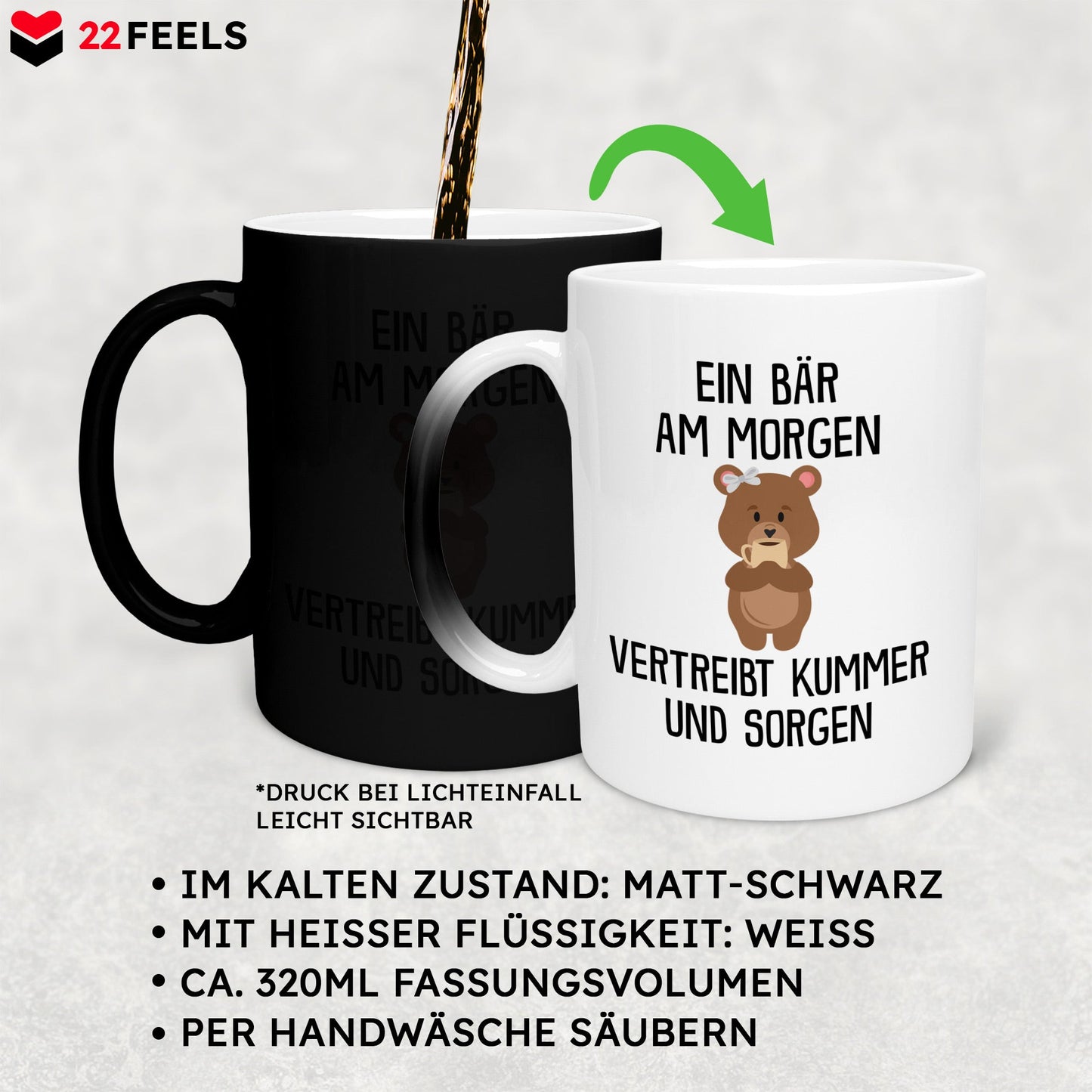 22Feels® Zaubertasse mit Bär Tiermotiv - Büro Geschenkidee - Kummer und Sorgen Spruch (Matt-Schwarz und Weiss, 320ml)-Farbwechsel Tasse Matt 320ml-22Feels