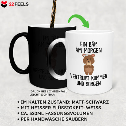 22Feels® Zaubertasse mit Bär Tiermotiv - Büro Geschenkidee - Kummer und Sorgen Spruch (Matt-Schwarz und Weiss, 320ml)-Farbwechsel Tasse Matt 320ml-22Feels