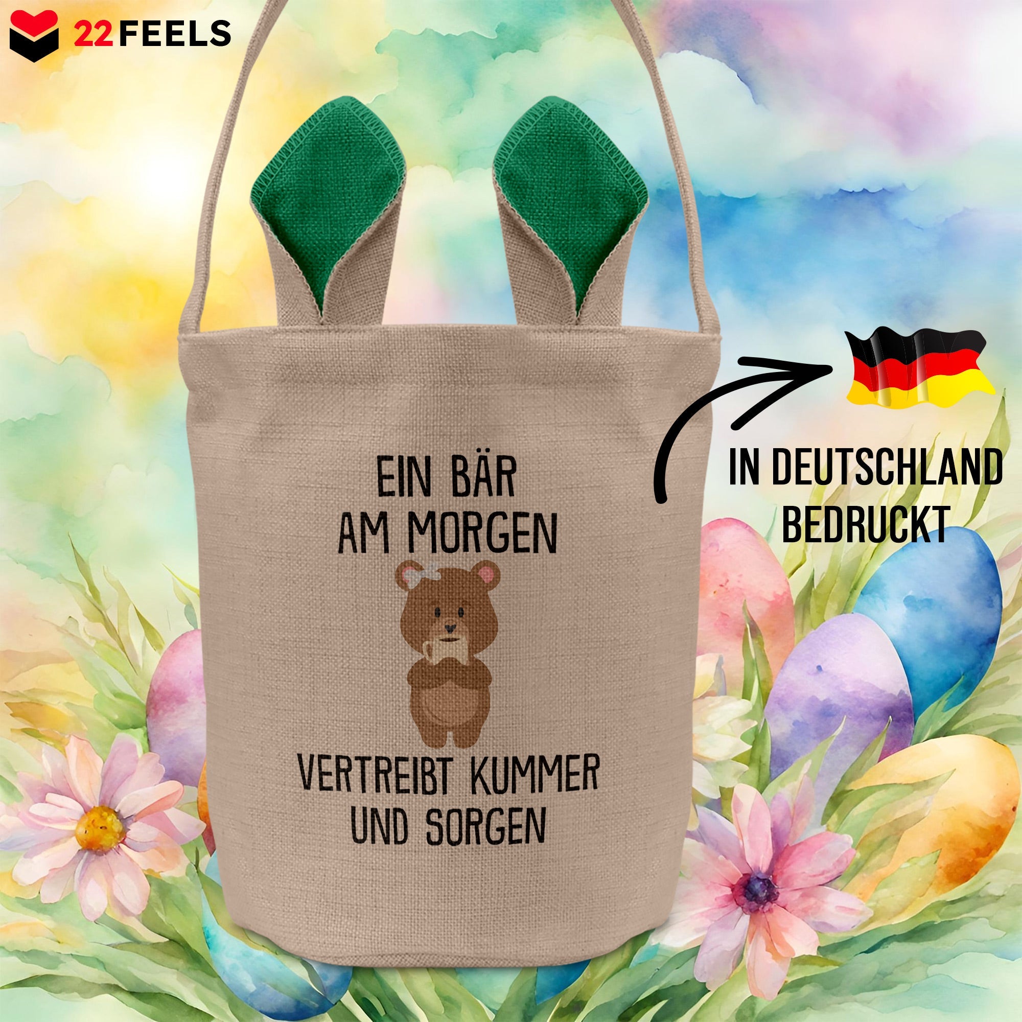 22Feels® Lustiger Osterkorb mit Henkel Bär Tasche Frauen Männer mit Henkel Ostergeschenk Tragetasche Ostern Deko Osternest Körbchen Hasenohren (Beige/Grün)-Ostern Tragetasche-22Feels