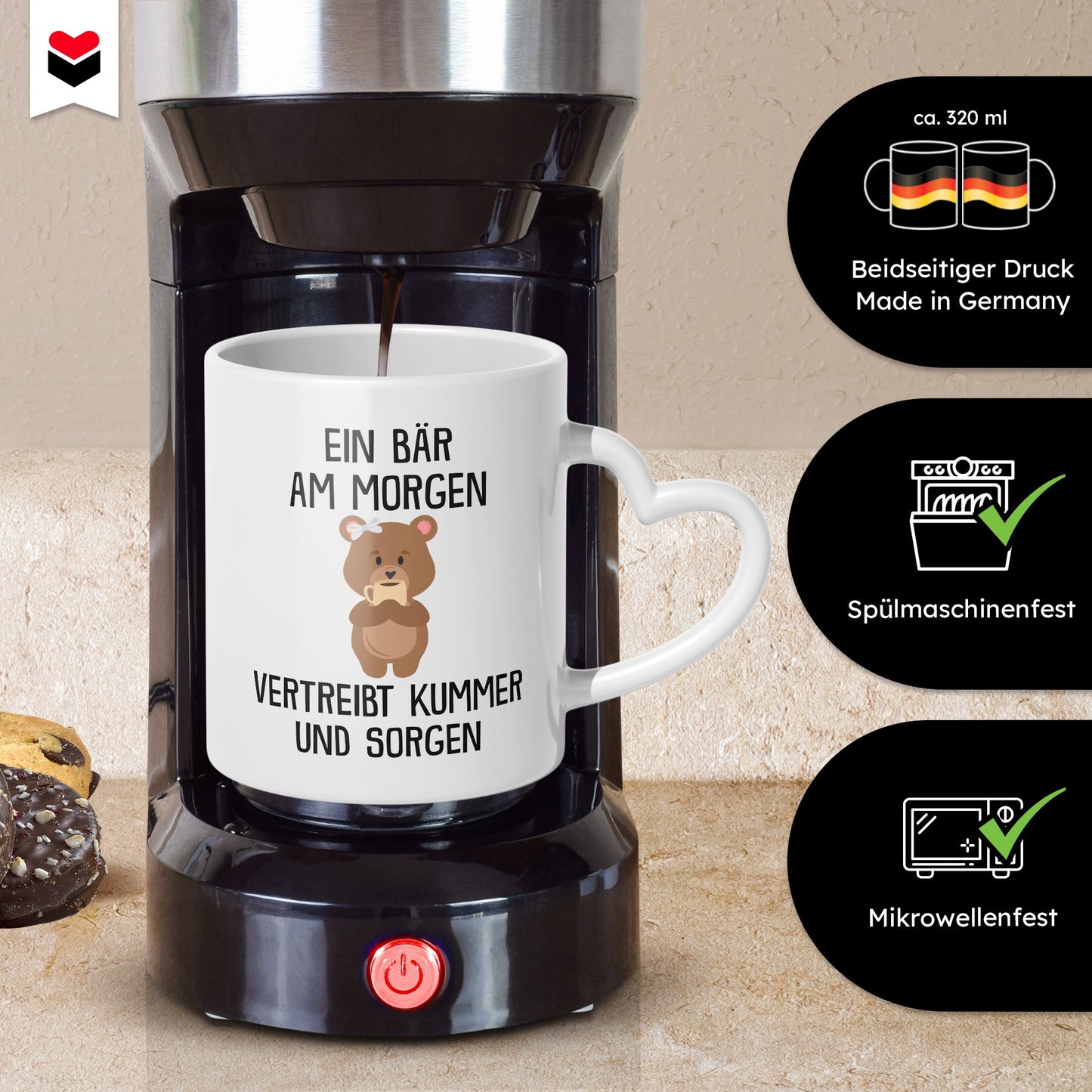 22Feels® Tasse mit Bär Tiermotiv - Büro Geschenkidee - Kummer und Sorgen Spruch (Herzhenkel, Weiss, 320ml)-Tasse Weiss Herzhenkel 320ml-22Feels