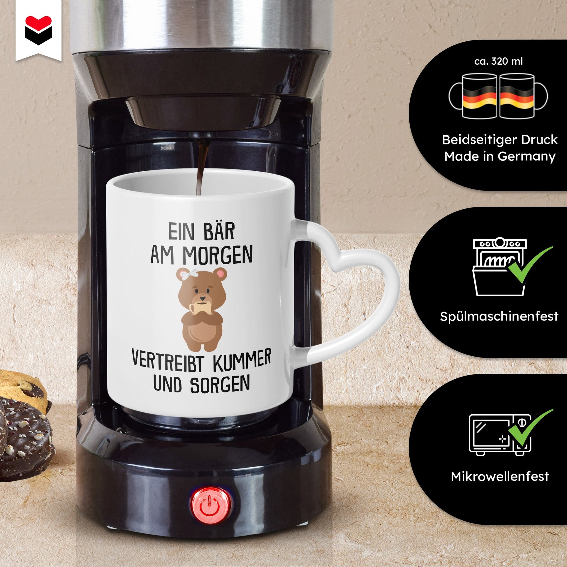 22Feels® Tasse mit Bär Tiermotiv - Büro Geschenkidee - Kummer und Sorgen Spruch (Herzhenkel, Weiss, 320ml)-Tasse Weiss Herzhenkel 320ml-22Feels