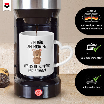 22Feels® Tasse mit Bär Tiermotiv - Büro Geschenkidee - Kummer und Sorgen Spruch (Herzhenkel, Weiss, 320ml)-Tasse Weiss Herzhenkel 320ml-22Feels