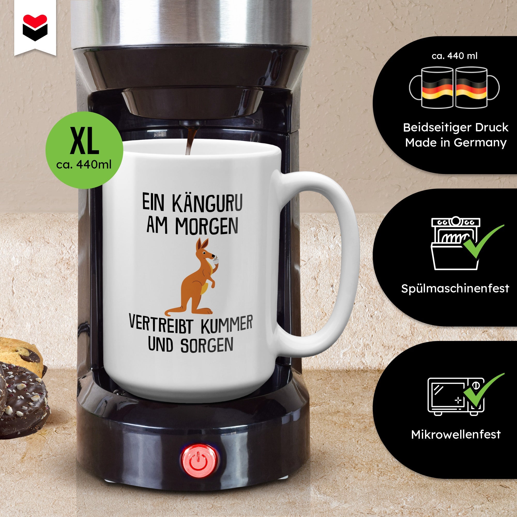 22Feels® XL Tasse mit Känguru Tiermotiv - Büro Geschenkidee - Spruch: Kummer und Sorgen (Weiss, 440ml)-Weisse XL Tasse 440ml-22Feels
