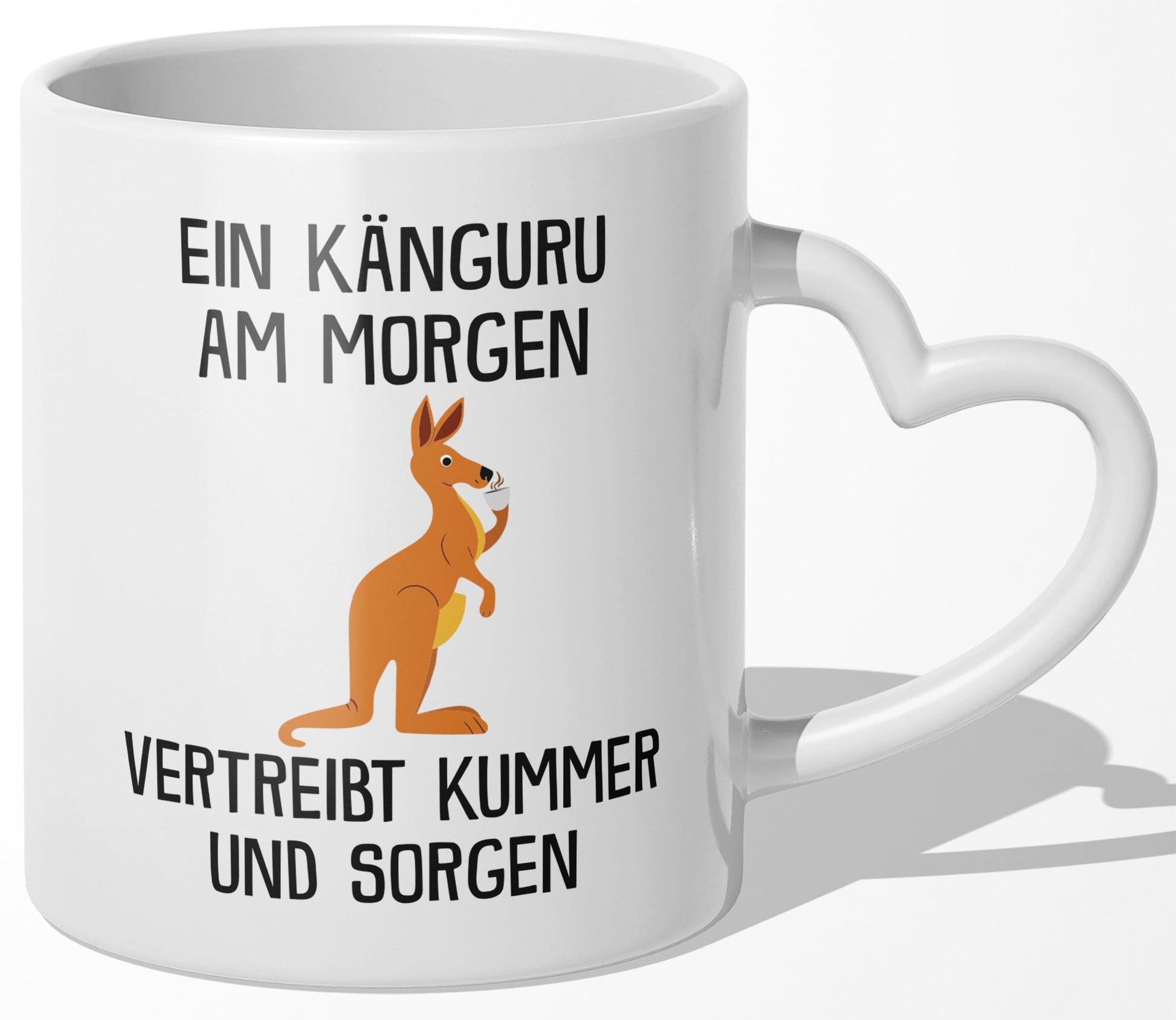 22Feels® Tasse mit Känguru Tiermotiv - Büro Geschenkidee - Spruch: Kummer und Sorgen (Herzhenkel, Weiss, 320ml)-Tasse Weiss Herzhenkel 320ml-22Feels