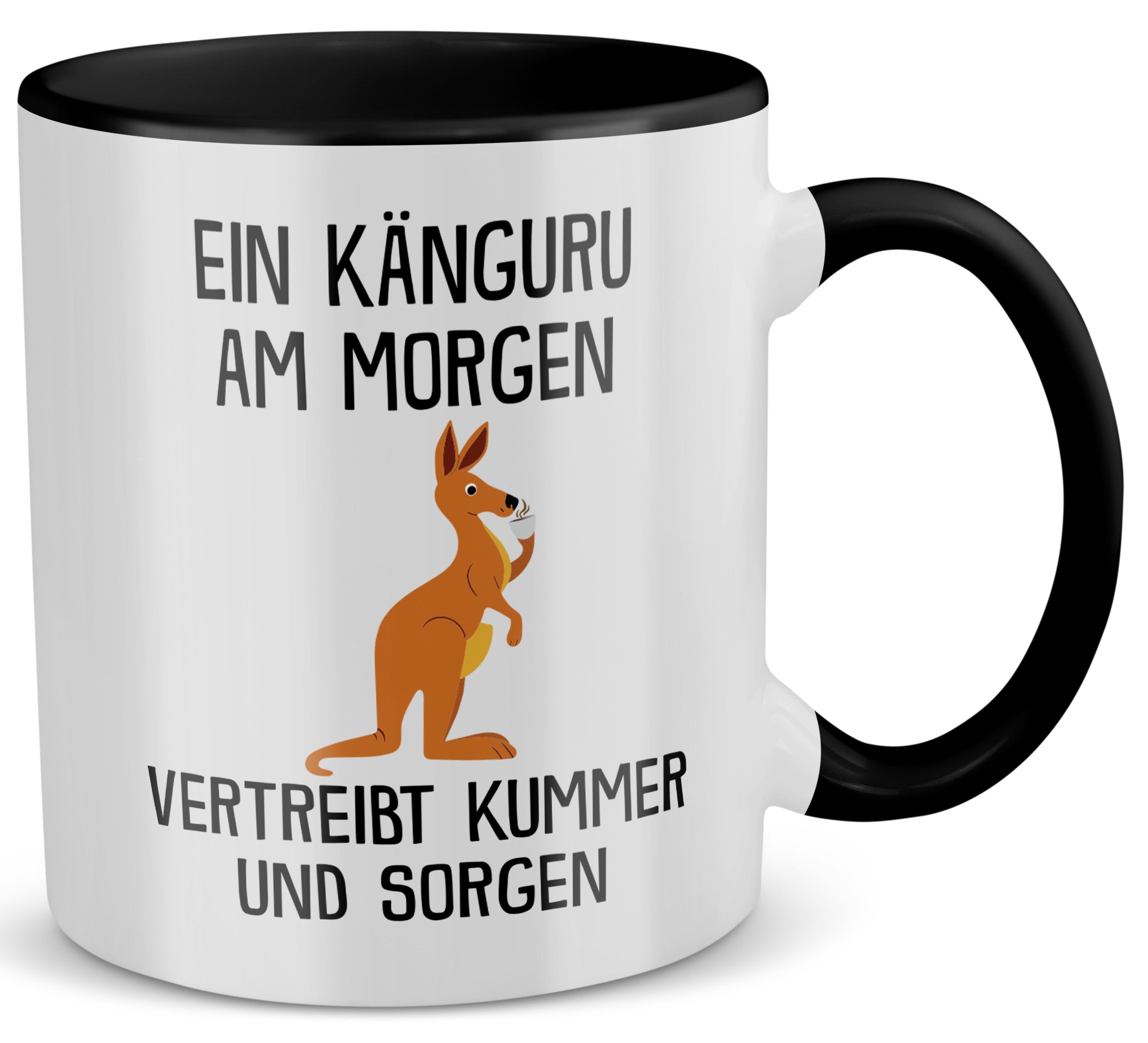 22Feels® Tasse mit Känguru Tiermotiv - Büro Geschenkidee - Spruch: Kummer und Sorgen (Weiss-Schwarz, 320ml)-TwoTone Tasse Weiss-Schwarz 320ml-22Feels