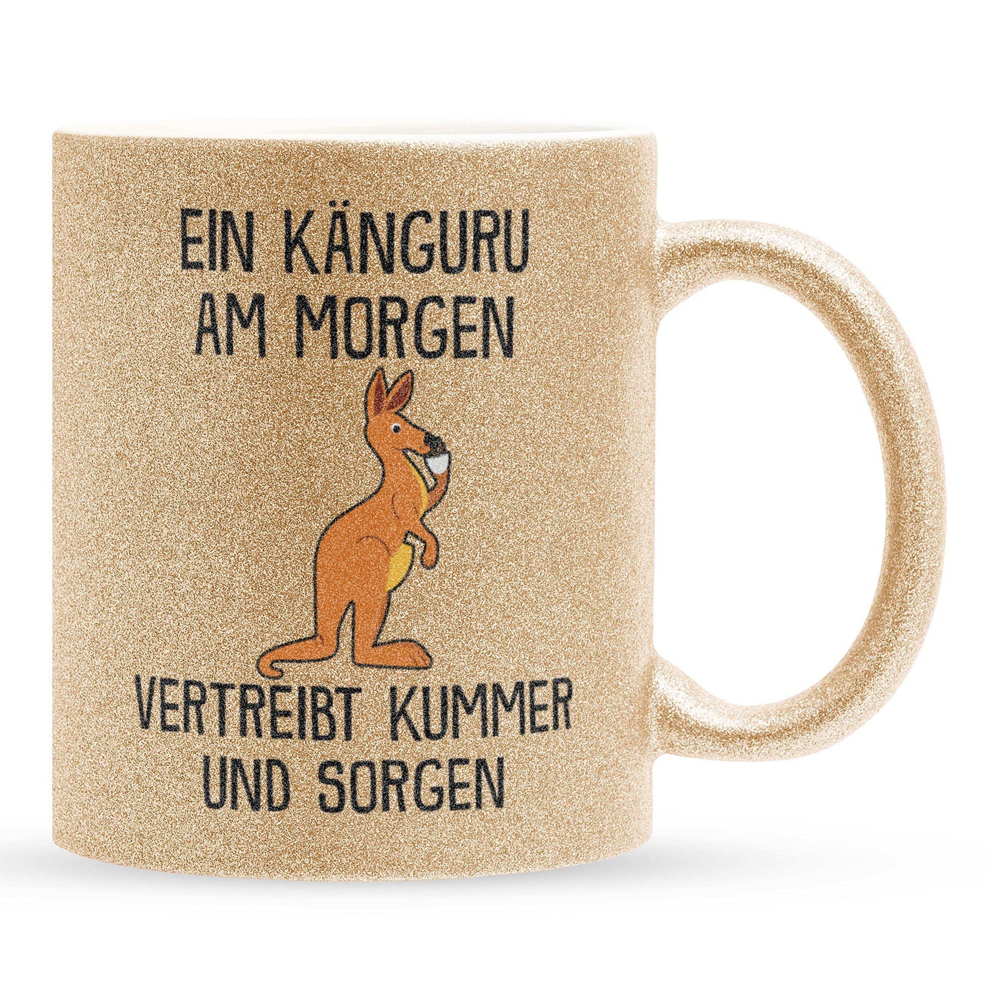 22Feels® Glitzertasse mit Känguru Tiermotiv - Büro Geschenkidee - Spruch: Kummer und Sorgen (Gold, 320ml)-Glitzertasse Gold 320ml-22Feels