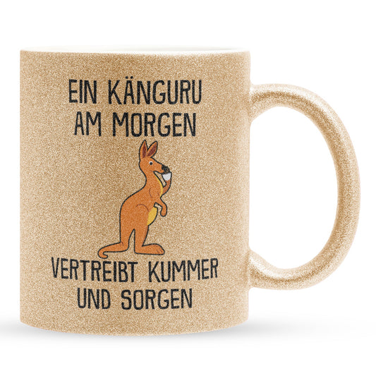 22Feels® Glitzertasse mit Känguru Tiermotiv - Büro Geschenkidee - Spruch: Kummer und Sorgen (Gold, 320ml)-Glitzertasse Gold 320ml-22Feels