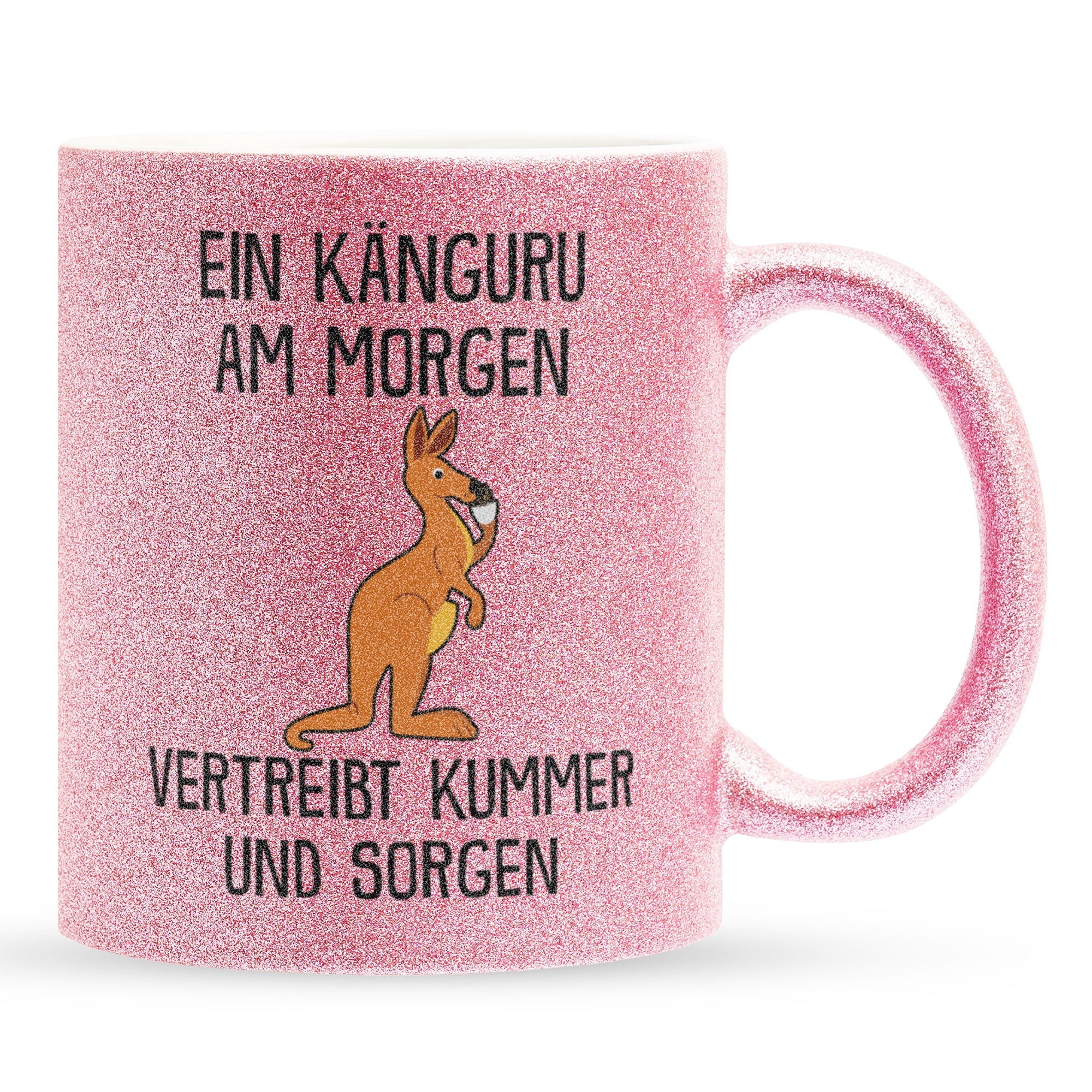 22Feels® Glitzertasse mit Känguru Tiermotiv - Büro Geschenkidee - Spruch: Kummer und Sorgen (Pink, 320ml)-Glitzertasse Pink 320ml-22Feels