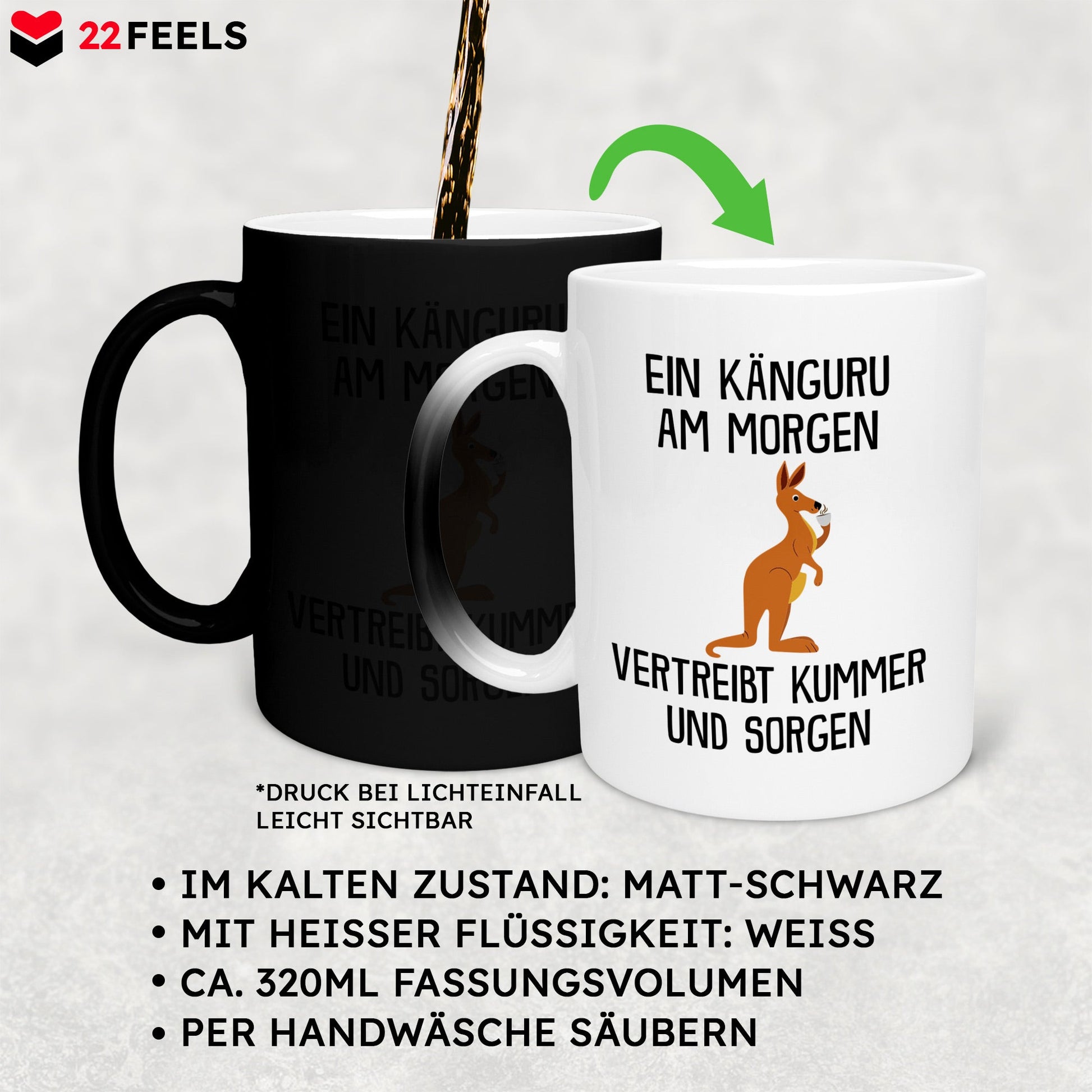 22Feels® Zaubertasse mit Känguru Tiermotiv - Büro Geschenkidee - Spruch: Kummer und Sorgen (Matt-Schwarz und Weiss, 320ml)-Farbwechsel Tasse Matt 320ml-22Feels
