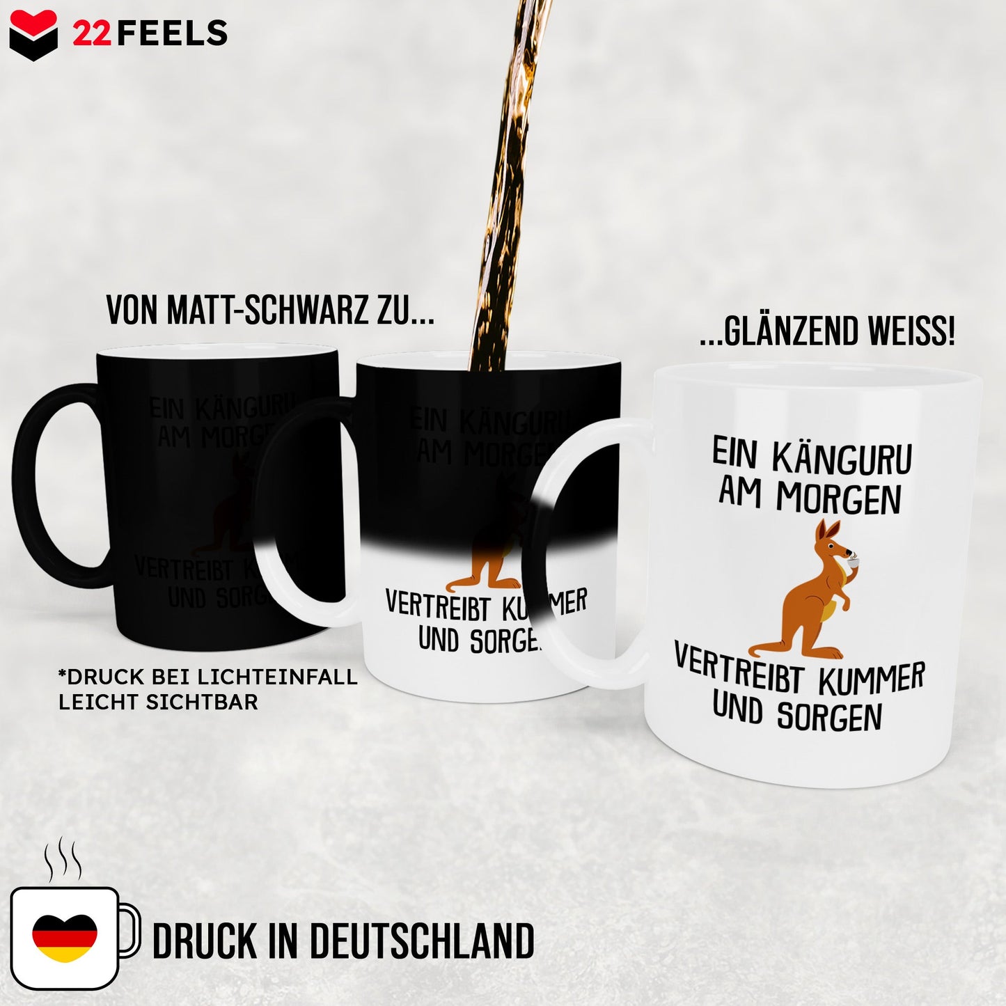 22Feels® Zaubertasse mit Känguru Tiermotiv - Büro Geschenkidee - Spruch: Kummer und Sorgen (Matt-Schwarz und Weiss, 320ml)-Farbwechsel Tasse Matt 320ml-22Feels