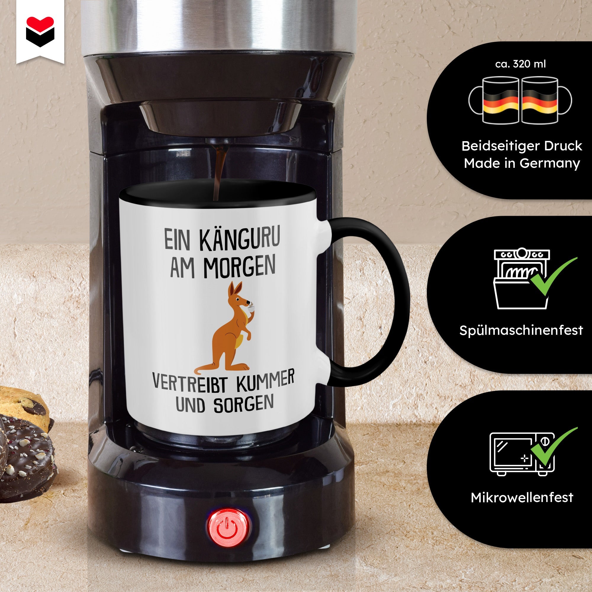 22Feels® Tasse mit Känguru Tiermotiv - Büro Geschenkidee - Spruch: Kummer und Sorgen (Weiss-Schwarz, 320ml)-TwoTone Tasse Weiss-Schwarz 320ml-22Feels