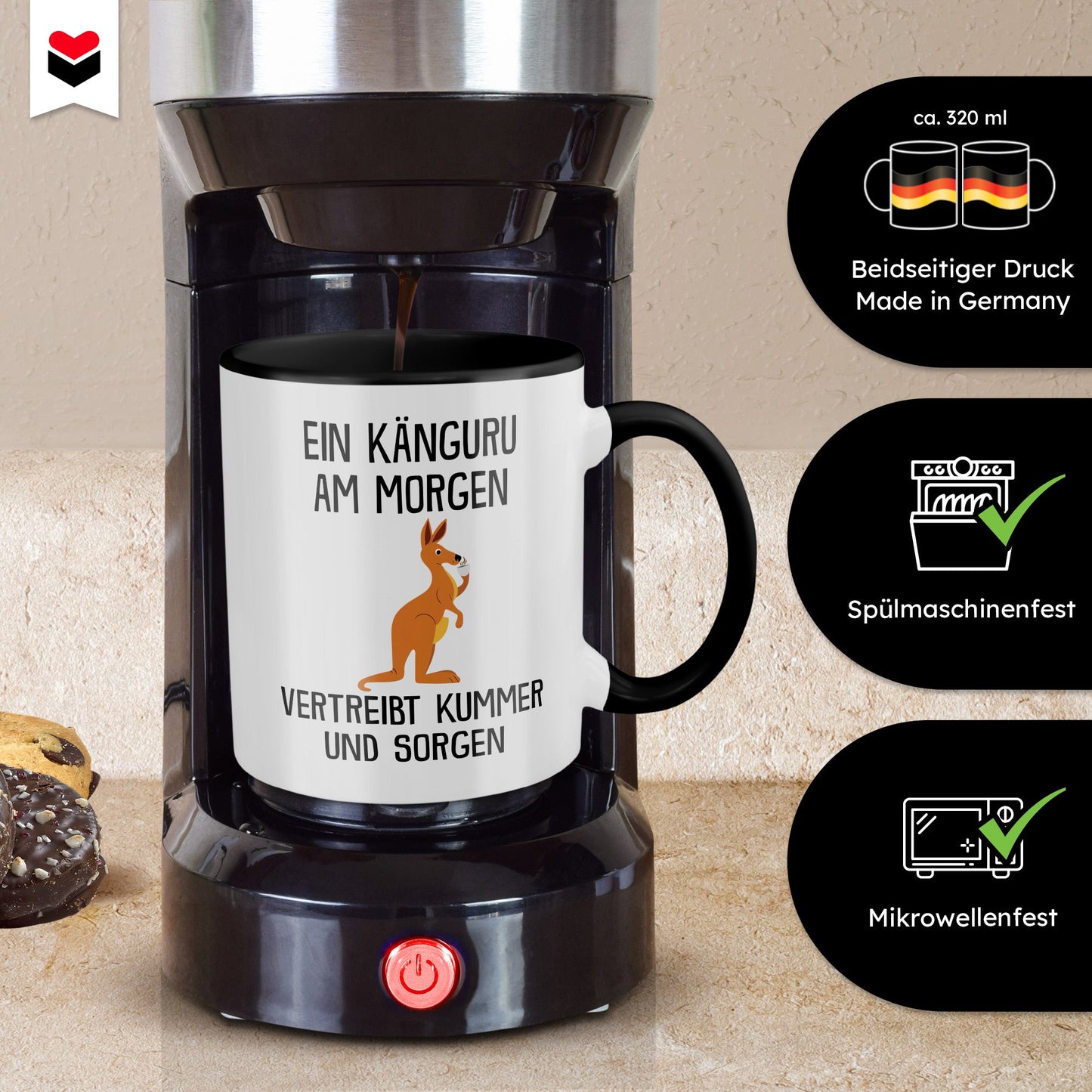 22Feels® Tasse mit Känguru Tiermotiv - Büro Geschenkidee - Spruch: Kummer und Sorgen (Weiss-Schwarz, 320ml)-TwoTone Tasse Weiss-Schwarz 320ml-22Feels