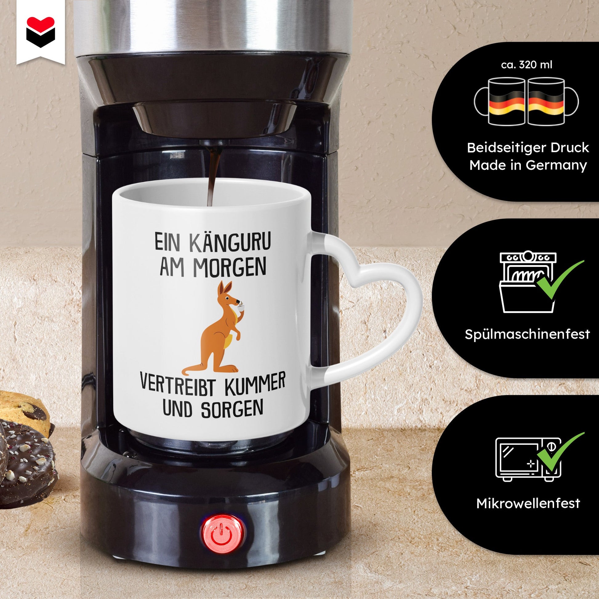 22Feels® Tasse mit Känguru Tiermotiv - Büro Geschenkidee - Spruch: Kummer und Sorgen (Herzhenkel, Weiss, 320ml)-Tasse Weiss Herzhenkel 320ml-22Feels