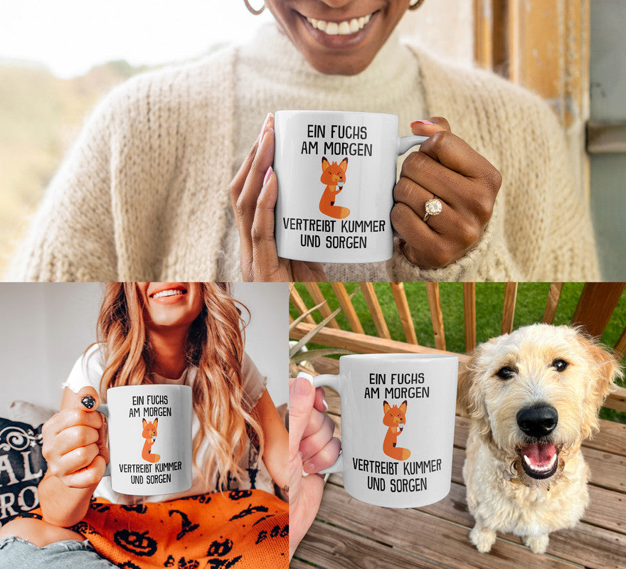 22Feels® Tasse mit Fuchs Tiermotiv - Büro Geschenkidee - Spruch: Kummer und Sorgen (Weiss, 320ml)-Weisse Tasse 320ml-22Feels